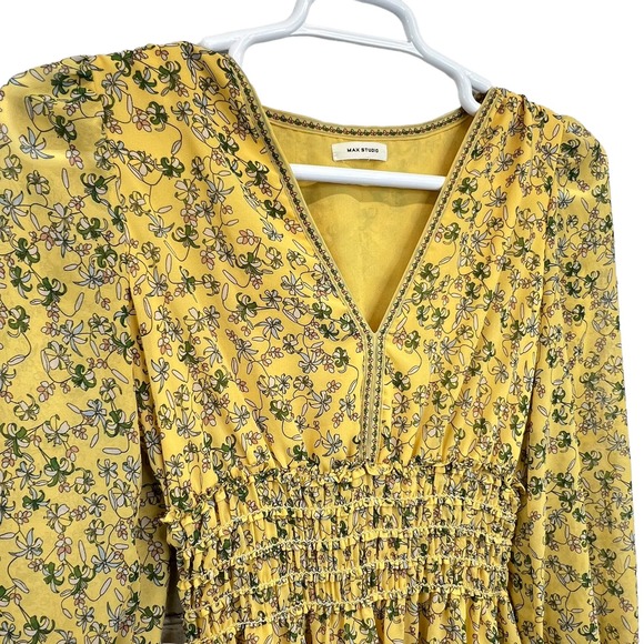 Max Studio Floral Mini Dress Yellow Size S Chiffon Long Sleeve Ruffles V-Neck - Picture 7 of 14